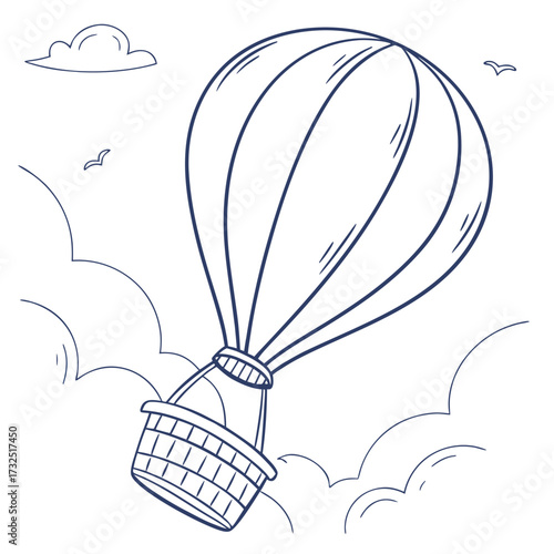 Whimsical hand drawn outline of a hot air balloon soaring through fluffy clouds with a bird flying nearby in a simple doodle style