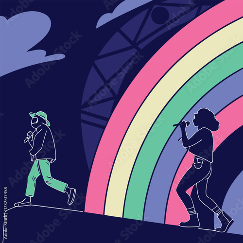 Dynamic duo performs on stage with vibrant rainbow backdrop creating electric concert energy and captivating audience engagement