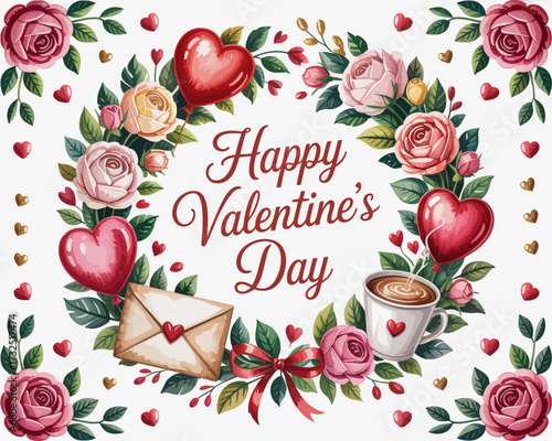 A charming wreath design for Valentine's Day featuring a variety of flowers, bright hearts, letters, and festive elements to express love and affection.