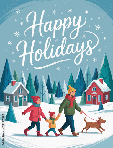A cheerful family strolls through a snowy landscape, highlighting their bond as they walk with their dog amidst charming houses and tall evergreen trees during the holidays.