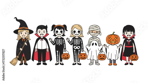 Whimsical Halloween Lineup: A cheerful illustration presents a delightful collection of children dressed in classic Halloween costumes. They embody the holiday's spirit.