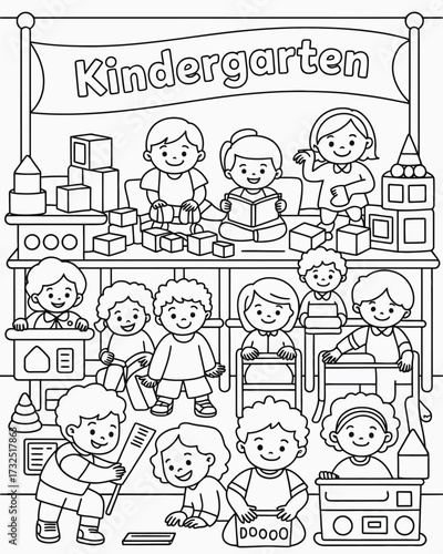 This coloring page captures a lively kindergarten classroom with kids engaged in various playful activities, promoting creativity, learning, and the spirit of childhood joy.