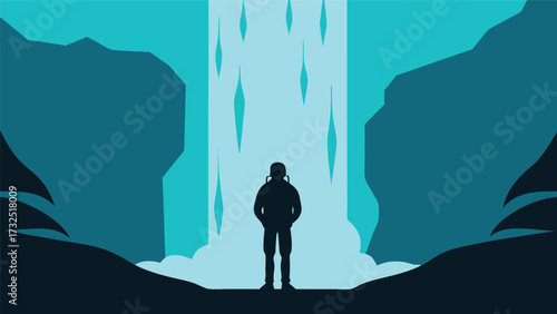 Silhouette of a Person Standing Before a Waterfall in a Mountain Landscape