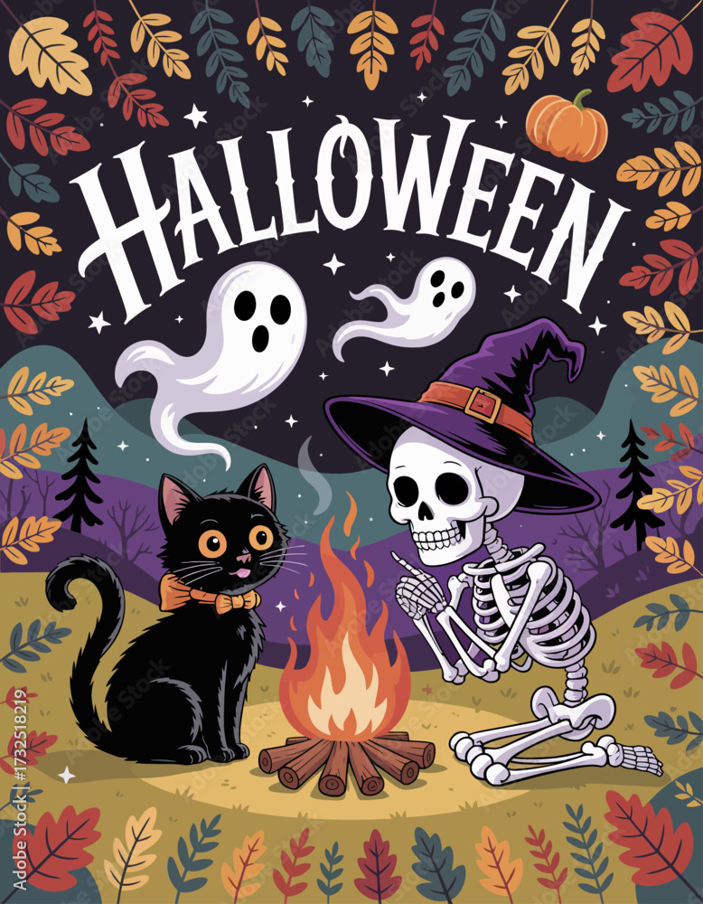 Naklejka premium A whimsical Halloween scene featuring a friendly skeleton and a curious black cat sitting by a campfire under a starry sky, surrounded by autumn foliage and ghostly wisps.