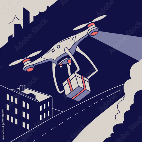 Modern drone swiftly delivers package over urban cityscape, symbolizing fast logistics and future delivery innovation