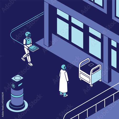 Futuristic robot interacts with medical equipment in sterile, modern facility, showcasing advanced healthcare technology and innovation