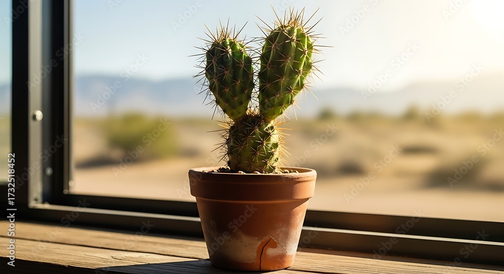 Obraz premium Cactus Plant in Pot by Window.