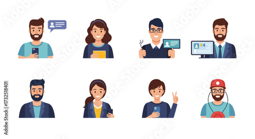 A collection of illustrated people, each holding or interacting with digital devices, showing communication and connection.