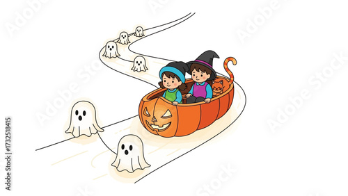 Halloween Ride: Capturing the thrill and excitement of Halloween, two children, one adorned with a witch hat, ride in a pumpkin carriage along a haunted path alongside playful ghosts.