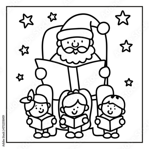 Santa's Storytime: A whimsical illustration of Santa Claus sharing a story with children, filled with festive charm and the warmth of Christmas spirit.