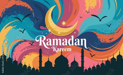 A vibrant illustration featuring a crescent moon and colorful swirls, beautifully representing the spirit of Ramadan, inviting joy and reflection amid artistic elements.