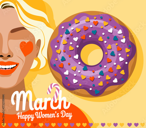 A whimsical design featuring a smiling woman next to a heart-shaped sprinkled donut, enhancing the theme of Women's Day with a blend of joy, sweetness, and creativity.