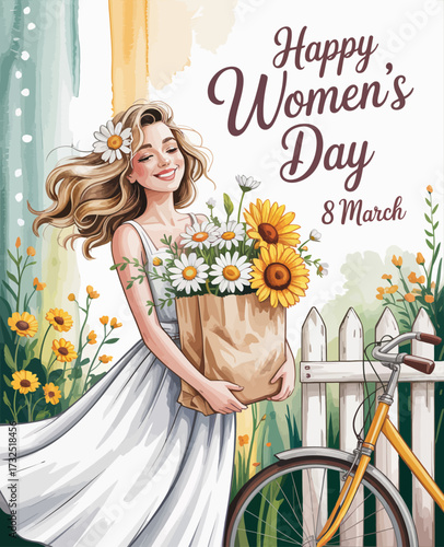 A joyful girl smiles as she rides her bike through a flower-filled landscape, holding a bouquet while embracing the cheerful spring atmosphere and vibrant colors.