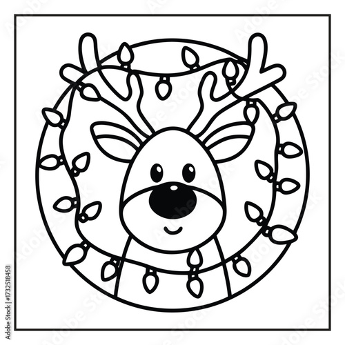 Festive Reindeer in Circle: A cheerful reindeer illustration adorned with a string of lights, captured in a heartwarming circle design perfect for holiday cards or seasonal decorations.