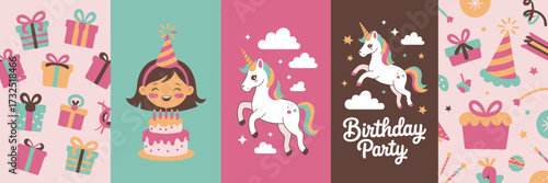 A captivating scene filled with cheerful elements, including playful children, unicorns, gifts, and vibrant decorations, perfect for conveying the excitement of a birthday celebration.