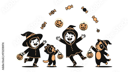 Halloween Joy: Happy children dressed in creative costumes joyfully trick-or-treating, embraced by a flurry of Halloween symbols. 