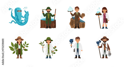 Cartoon illustrations show various characters in nature-related roles, including an octopus and scientists holding plants.
