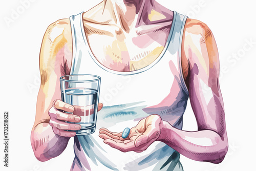 An intricate illustration of a person holding a medication pill and a glass of water, showcasing the importance of health and mindfulness in personal care routines.