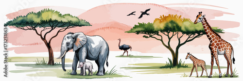 A captivating scene featuring elephants and giraffes in the African savanna with a vivid sunset, illustrating the rich beauty and wonder of wildlife and nature.