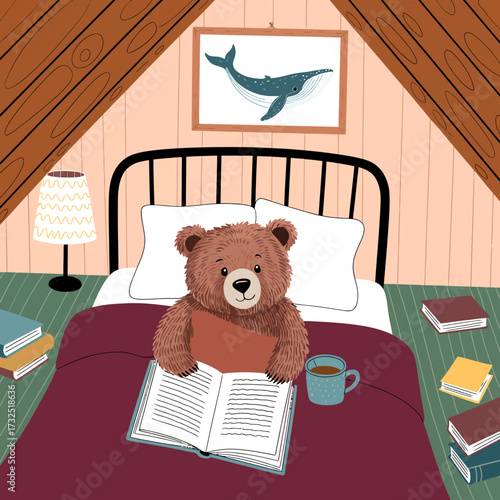 A cute bear comfortably reading a book in a cozy attic bedroom, surrounded by stacked books and a warm atmosphere, creating a peaceful reading environment.