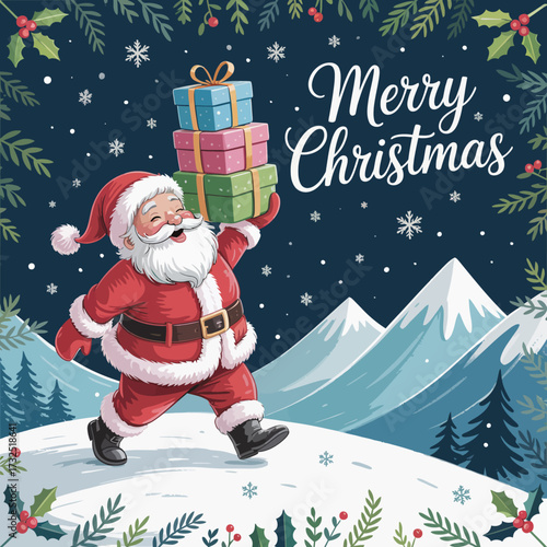 Santa Claus is depicted merrily carrying gifts through a snowy landscape, capturing the essence of Christmas joy, surrounded by serene mountains and evergreen trees.