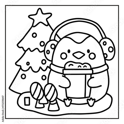Festive Penguin Illustration: A charming cartoon penguin in earmuffs holds a gift box, standing before a decorated Christmas tree. A whimsical celebration of winter holidays and seasonal cheer.