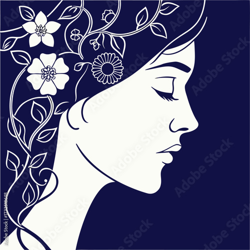 Elegant woman's profile adorned with delicate floral vines, embodying grace and natural beauty, perfect for wellness and beauty brands