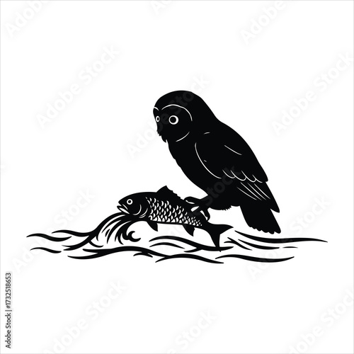 Majestic owl perched on a fish caught in wavy water at dusk silhouette