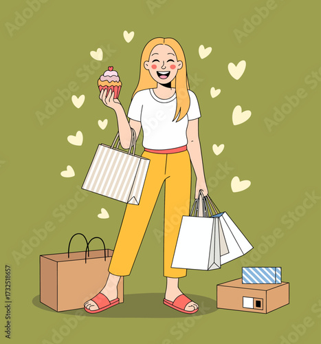 An animated woman smiling broadly while holding a cupcake and multiple colorful shopping bags, symbolizing excitement and pleasure in shopping experiences.