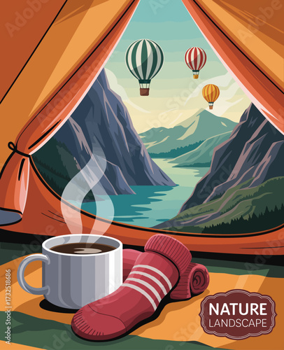 A scenic view from a tent captures the comforting moments of enjoying a hot beverage, cozy socks, and hot air balloons soaring over a majestic natural landscape.