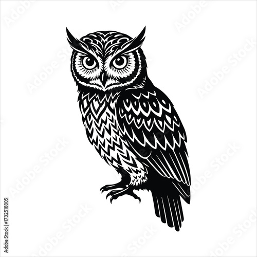 Intricate black and white owl portrait majestic nocturnal bird detailed feather texture