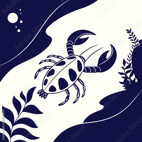 Stylized navy blue scorpion illustration with aquatic plants and bubbles evokes mystery and oceanic wonder for unique design projects
