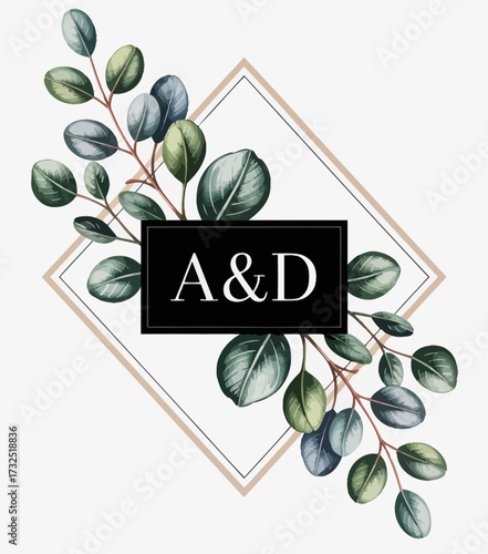 This beautifully crafted monogram features elegant letter A&D surrounded by lush, green leaves and a chic diamond frame for a sophisticated look.