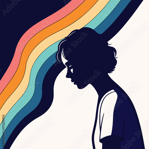 Evocative silhouette of a young person with a colorful retro wave design, symbolizing dreams and aspirations in a modern artistic style