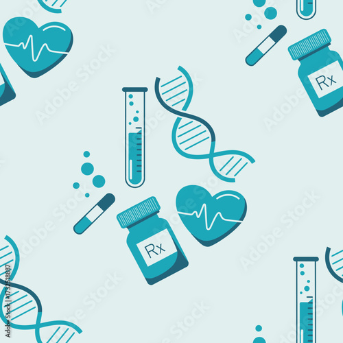 A collection of medical symbols including prescription bottles, DNA strands, and test tubes, encapsulating the essence of healthcare, science, and medicine.