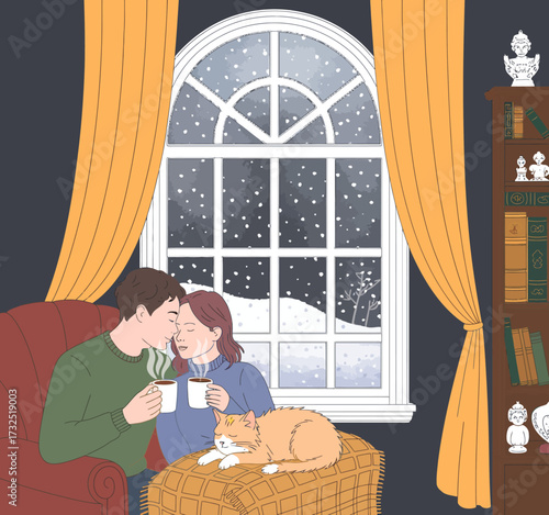 A warm winter living room scene showcases a couple sipping hot beverages, sharing a tender moment by the window, while their cat snoozes peacefully nearby.