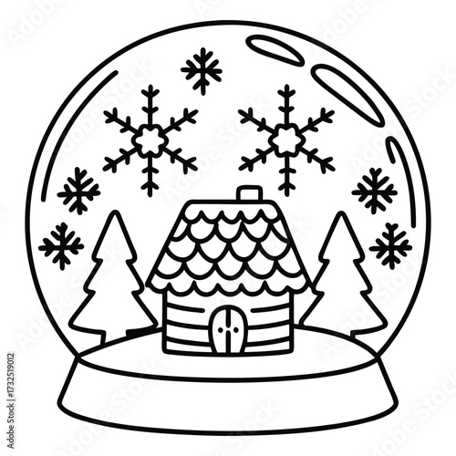 Winter Wonderland in a Globe: A whimsical monochrome illustration of a cozy cabin nestled amongst evergreen trees and delicate snowflakes inside a glass globe.