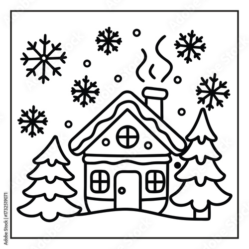Winter Wonderland Illustration: A charming monochrome illustration of a cozy house, complete with a smoking chimney, snowflakes, and surrounding pine trees.