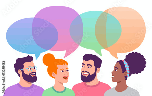 An engaging graphic representation of a joyful group of four individuals sharing ideas in a dialogue, highlighting the importance of communication and connection in society.