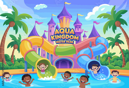 Children delightedly playing and splashing in the Aqua Kingdom water park, sliding down colorful water slides and enjoying a day full of laughter and summer fun.