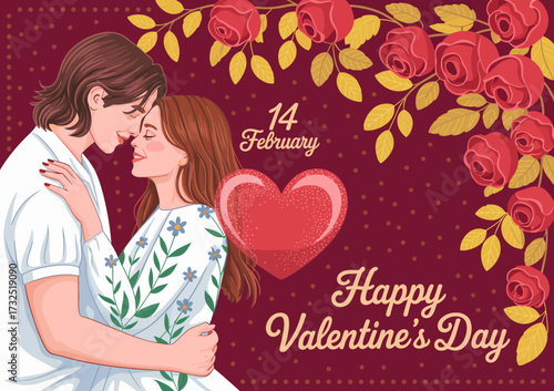 A heartwarming Valentine's Day illustration featuring an affectionate couple close together, surrounded by floral elements that symbolize love, warmth, and romantic intimacy.