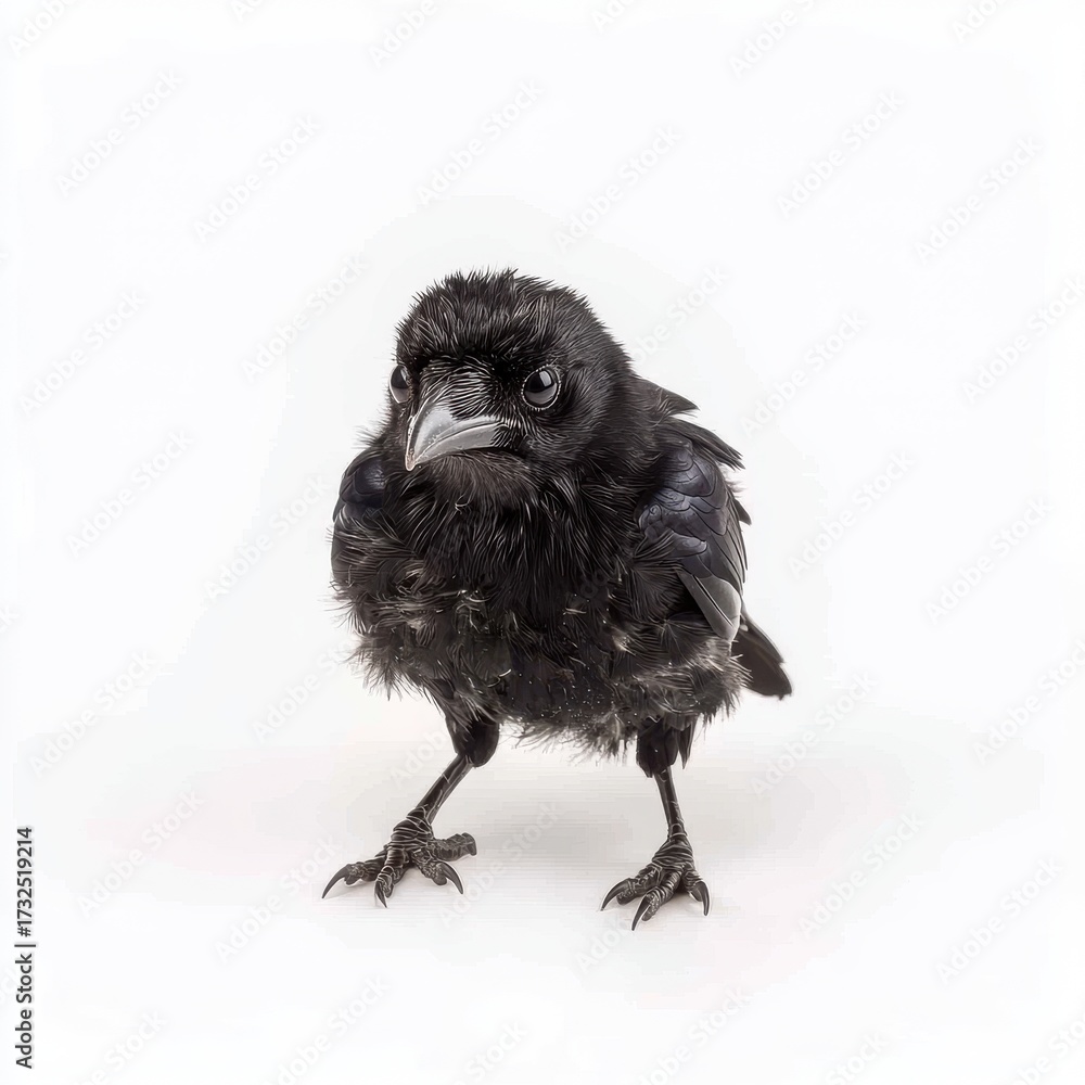 Obraz premium Young Black Bird with Fluffy Feathers Standing on White Background
