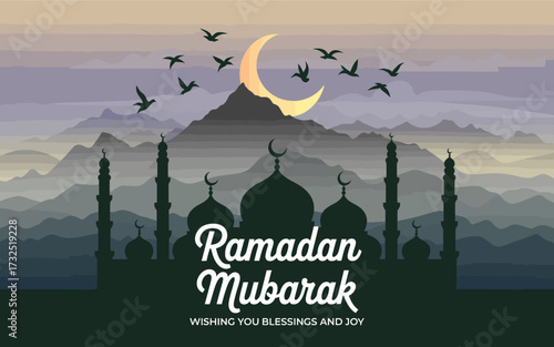 A stunning night scene of Ramadan Mubarak featuring the prominent crescent moon and mosque silhouettes against majestic mountains, signaling blessings and joy.