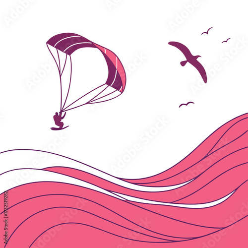 Dynamic kitesurfer gracefully glides over vibrant pink ocean waves with seagulls soaring above in a bright, minimalist seaside scene