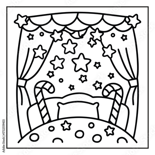 Sweet Dream: Illustration of an enchanting bedroom, where a bed awaits, surrounded by star-studded curtains and a canopy, inviting sweet dreams and peaceful slumber.