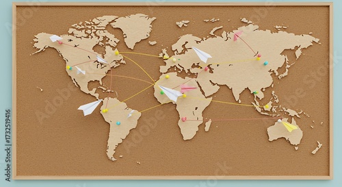 World map on cork board with paper airplanes and pushpins