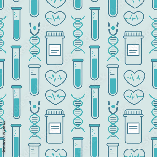 An engaging pattern of medical imagery including DNA, heart symbols, and laboratory glassware, perfect for representing the healthcare field and scientific research.