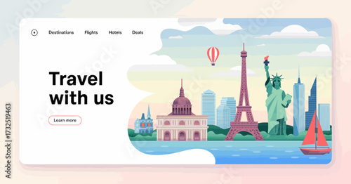 An eye-catching collage of renowned global landmarks encourages travel enthusiasts to explore the world's wonders, showcasing the art of discovery through various cultural icons.