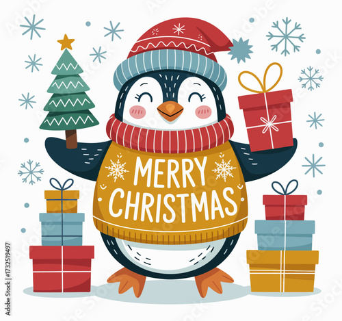 This adorable image captures a merry penguin dressed warmly, holding a small Christmas tree and surrounded by beautifully wrapped gifts, evoking feelings of joy and celebration.