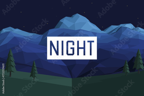A captivating polygonal night scene encompassing majestic peaks against a deep blue sky filled with stars, creating a serene and calming atmosphere perfect for night lovers.